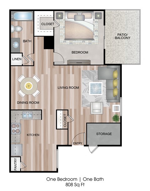 Floor plan for 1 bed, 1 bath, 808 sqft